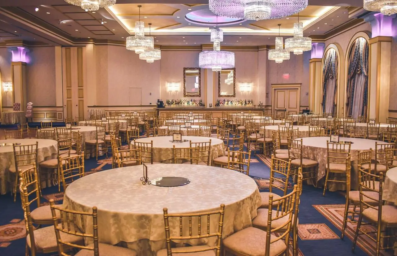 Chandelier-lit banquet hall